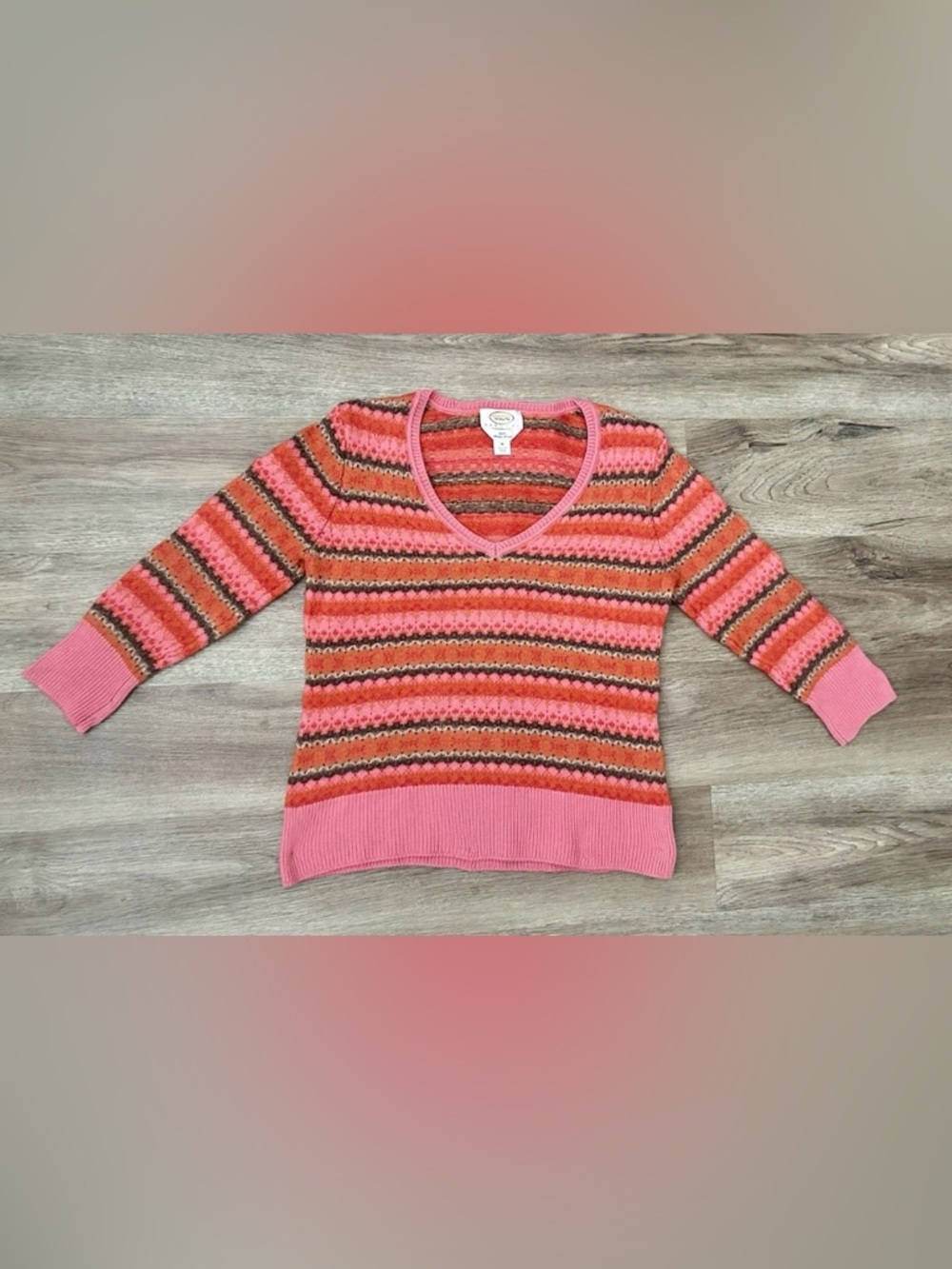 Talbots Pink and Orange Striped VNeck Sweater ❤️Beautiful for Petite 💯MerinoWool